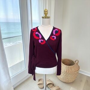 Diane Von Furstenberg Burgundy Wrap Sweater Abstract Design 100% Wool Sz L